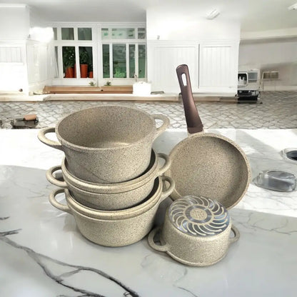 OZO Kitchenware 9-Piece Granite Non-Stick Casserole Set – Durable PTFE Non-Stick Coating, Stylish Granite Look, Heavy-Duty Die-Cast Construction, Ideal for Everyday Cooking - Damoo