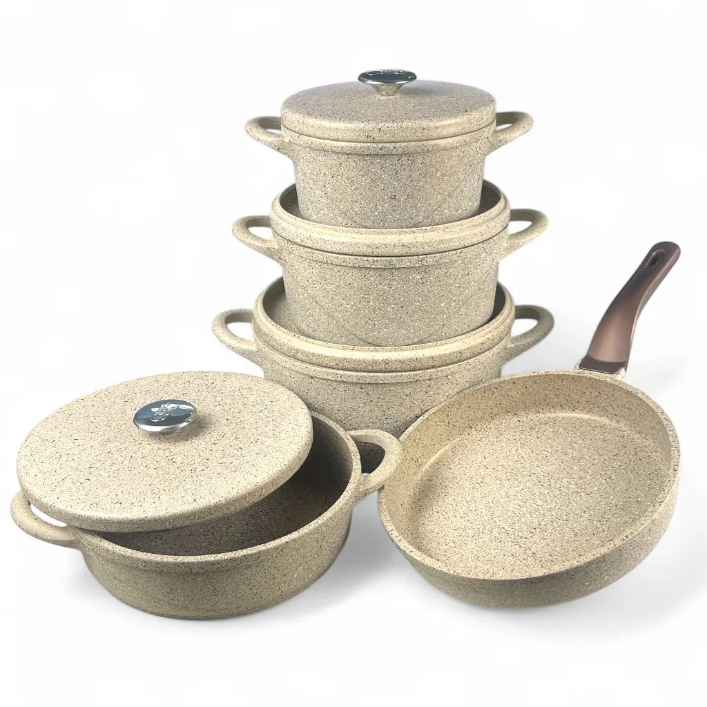 OZO Kitchenware 9-Piece Granite Non-Stick Casserole Set – Durable PTFE Non-Stick Coating, Stylish Granite Look, Heavy-Duty Die-Cast Construction, Ideal for Everyday Cooking - Damoo