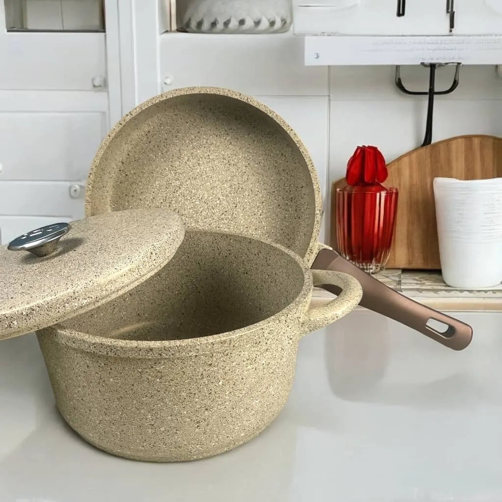 OZO Kitchenware 9-Piece Granite Non-Stick Casserole Set – Durable PTFE Non-Stick Coating, Stylish Granite Look, Heavy-Duty Die-Cast Construction, Ideal for Everyday Cooking - Damoo