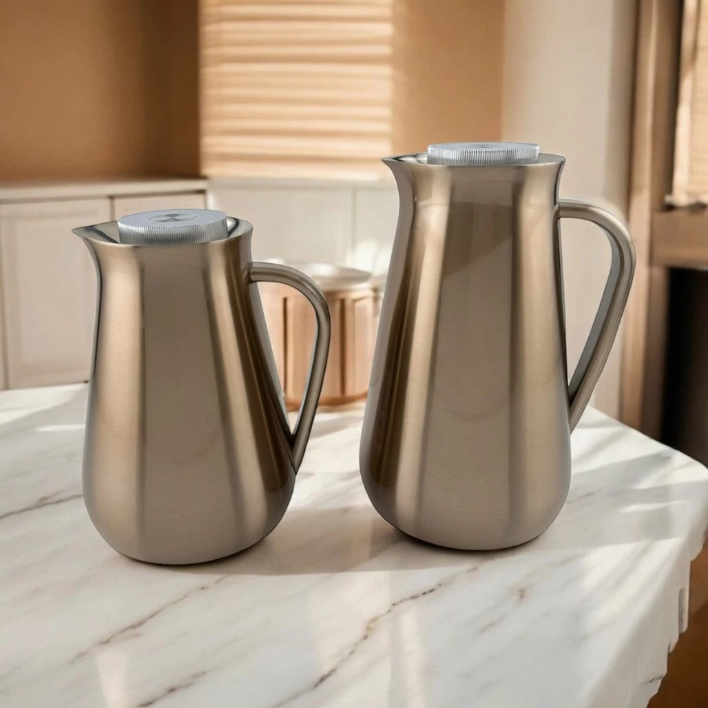 Parati Premium Double-Wall Vacuum Flask Set – 1L & 0.5L | Elegant Insulated Carafes for Serving Tea & Coffee | BPA-Free | Long Heat Retention | Certified Quality (Brown) - Damoo