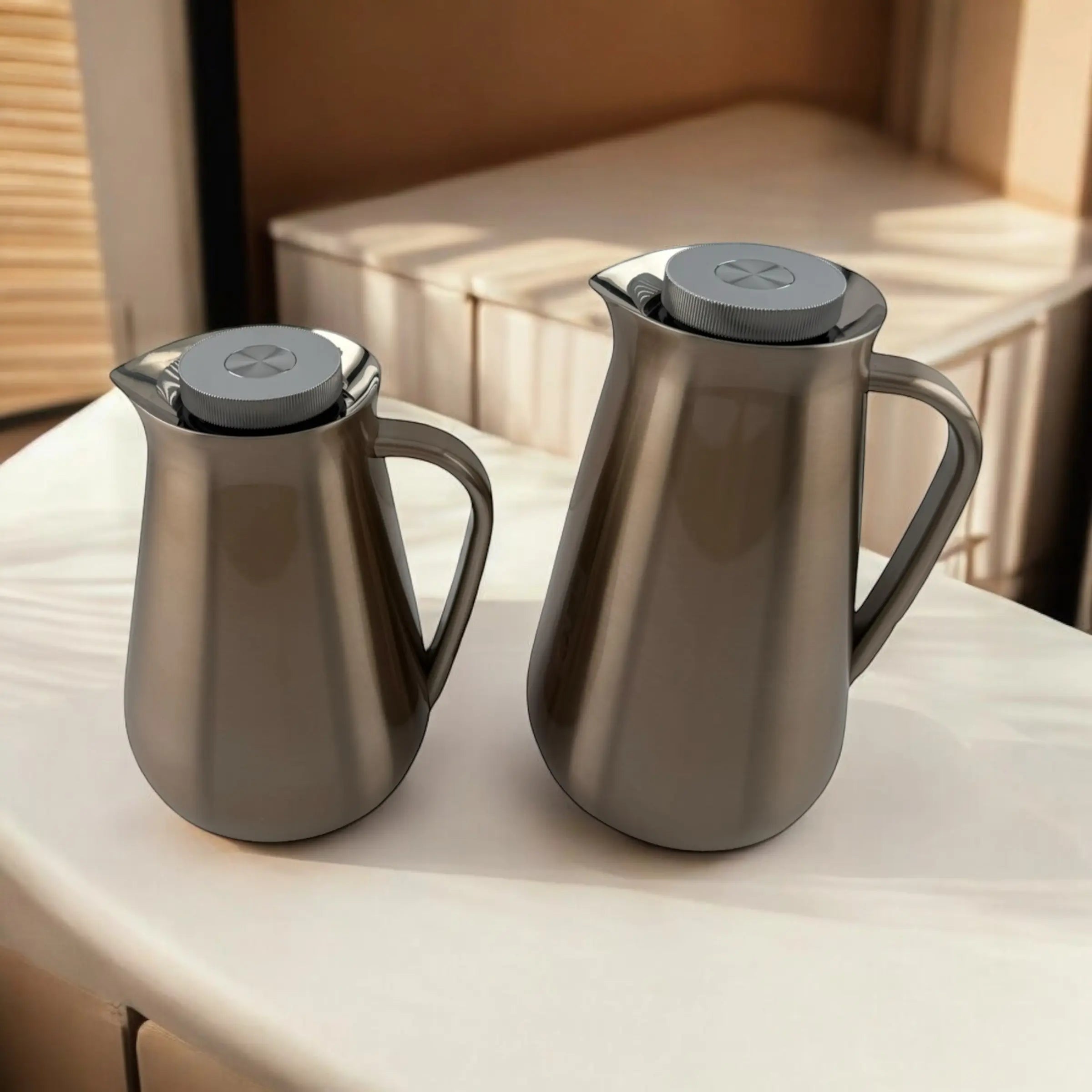 Parati Premium Double-Wall Vacuum Flask Set – 1L & 0.5L | Elegant Insulated Carafes for Serving Tea & Coffee | BPA-Free | Long Heat Retention | Certified Quality (Brown) - Damoo