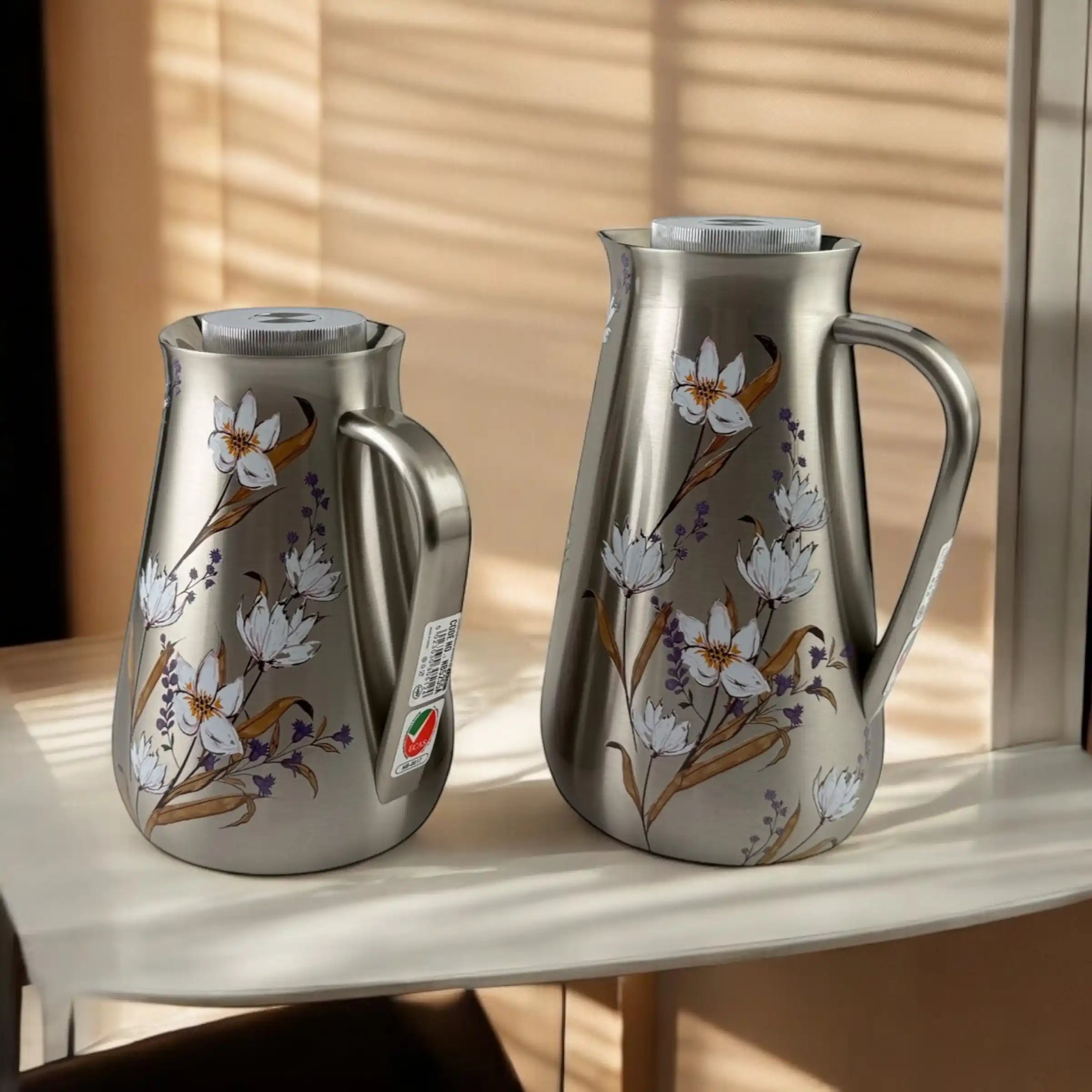 Parati Premium Double-Wall Vacuum Flask Set – 1L & 0.5L | Elegant Insulated Carafes for Serving Tea & Coffee | BPA-Free | Long Heat Retention | Certified Quality ( Flower ,Silver) - Damoo