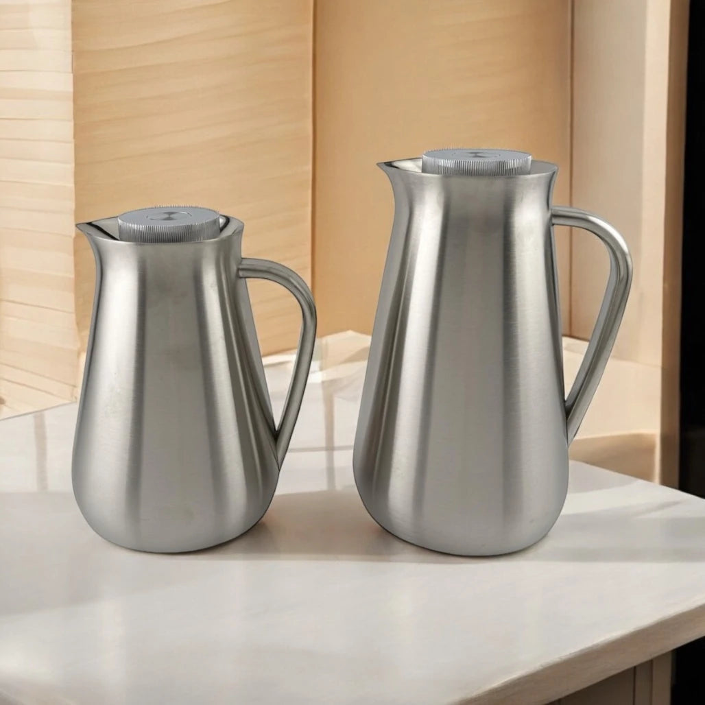 Parati Premium Double-Wall Vacuum Flask Set – 1L & 0.5L | Elegant Insulated Carafes for Serving Tea & Coffee | BPA-Free | Long Heat Retention | Certified Quality (Silver) - Damoo
