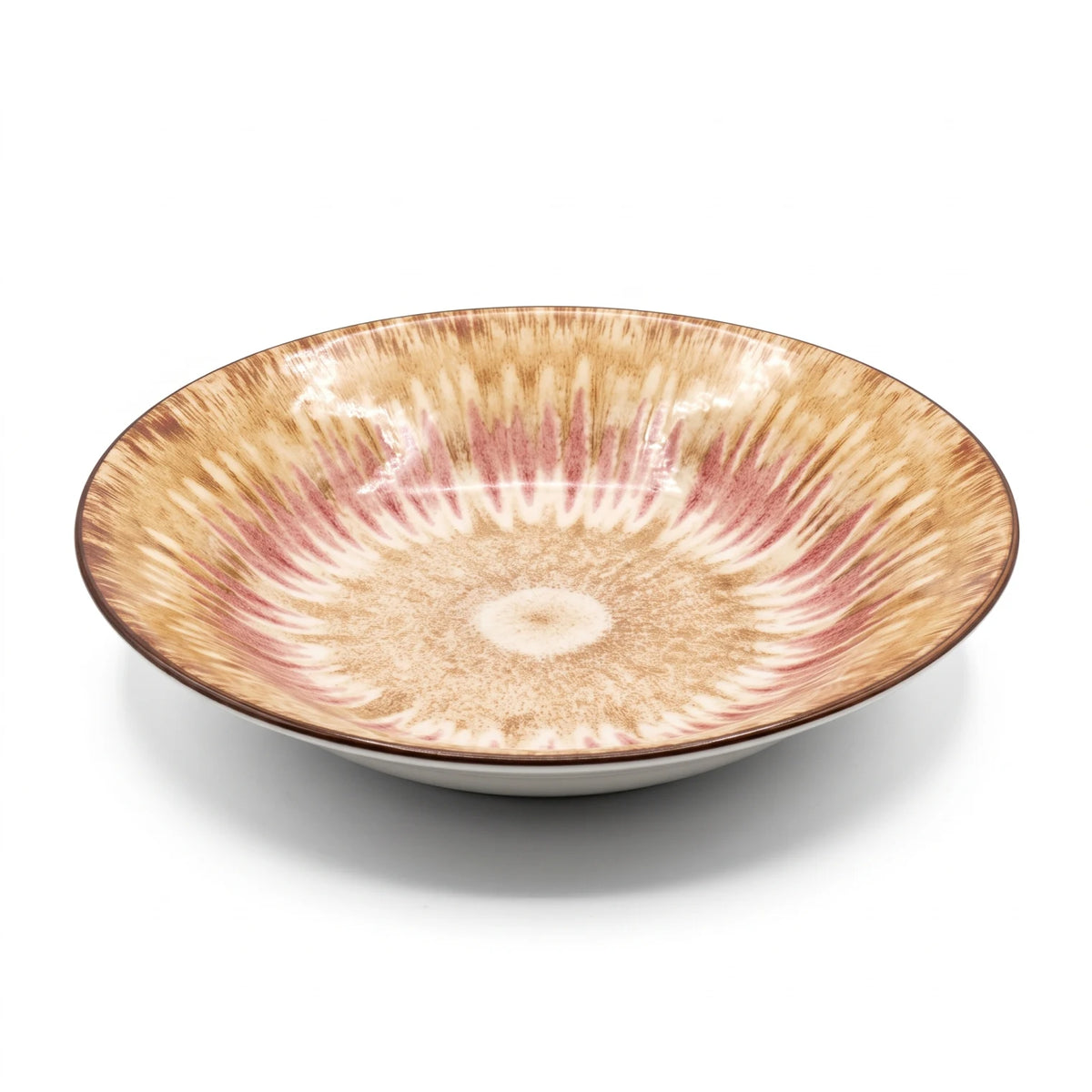 23 CM Porcelain Deep Plate – Beige and Reddish-Pink Radial Design, Glossy Finish, Dark Brown Rim, Round Shallow Serving Dish for Tableware