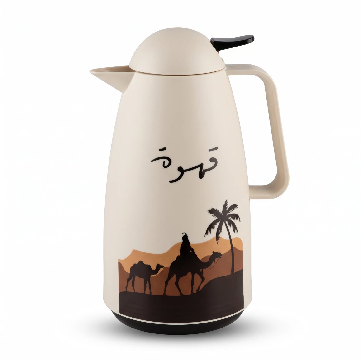 Crystal House cream - colored vaccum flask, 1 Liter | Qahwa Calligraphy, Desert Palm and Camel Artwork | Leak-Proof Tea and Coffee Flask