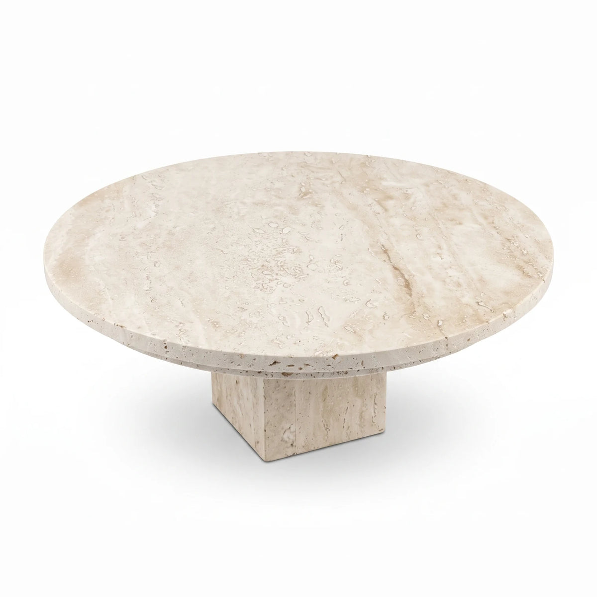 Round Natural Travertine Marble Stand with Base – 30 x 30 x 11 cm | Off-White Beige Pedestal Design