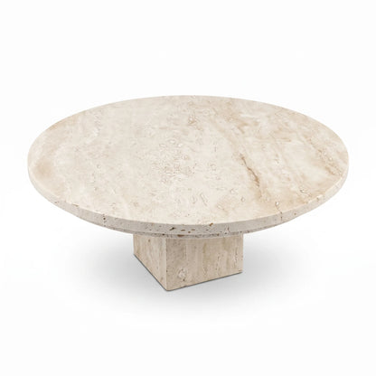 Round Natural Travertine Marble Stand with Base – 30 x 30 x 11 cm | Off-White Beige Pedestal Design