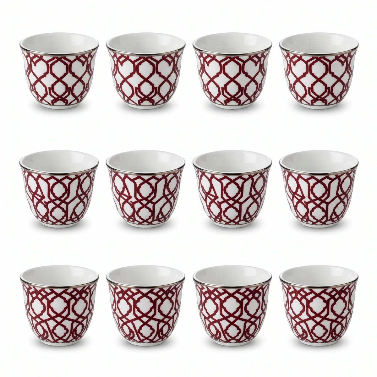 WINDCERA Porcelain 12-Pieces Gahwa Cup Set – White Cups with Red Geometric Lattice Pattern and Metallic-Colored Rims, 4 x 7 x 7 cm Each