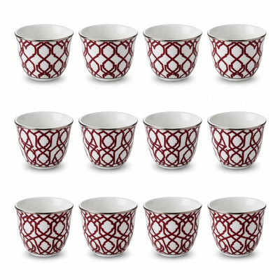 WINDCERA Porcelain 12-Pieces Gahwa Cup Set – White Cups with Red Geometric Lattice Pattern and Metallic-Colored Rims, 4 x 7 x 7 cm Each