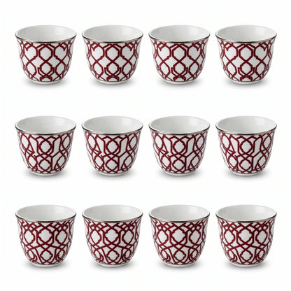 WINDCERA Porcelain 12-Pieces Gahwa Cup Set – White Cups with Red Geometric Lattice Pattern and Metallic-Colored Rims, 4 x 7 x 7 cm Each