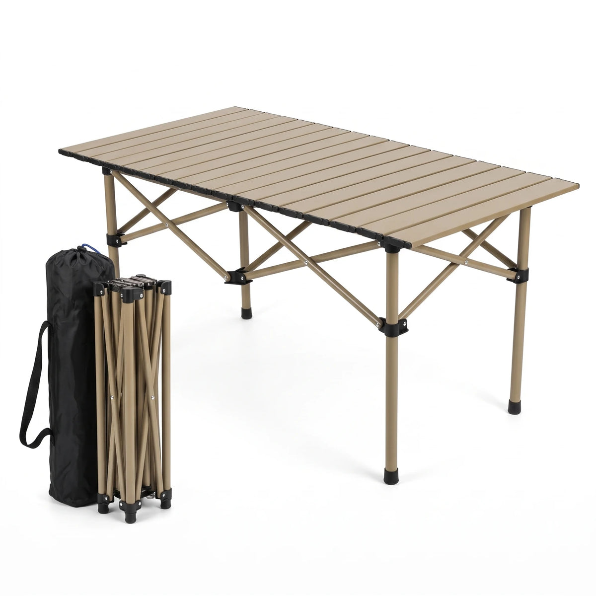 Portable Dark Beige Folding Roll-Up Camping Table – 120cm x 55cm x 50cm | Slatted Top, Metallic Frame for Picnics, BBQs & Outdoor Activities
