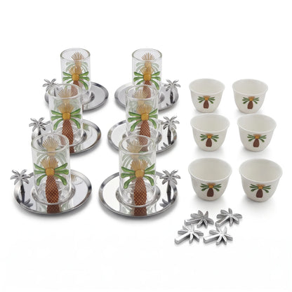 Fashion Home Elegant 18-Piece Tea and Coffee Set – Double-Wall Glass Cups, White Palm Design Coffee Cups, Metallic Saucers & Magnetic Ornaments
