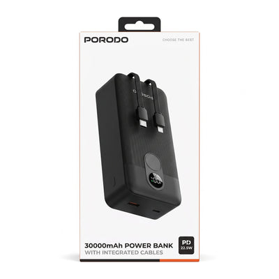 POROPO 30000mAh Power Bank – Black Portable Charger | Integrated Cables, PD 22.5W Output, Digital Percentage Display for Everyday Charging