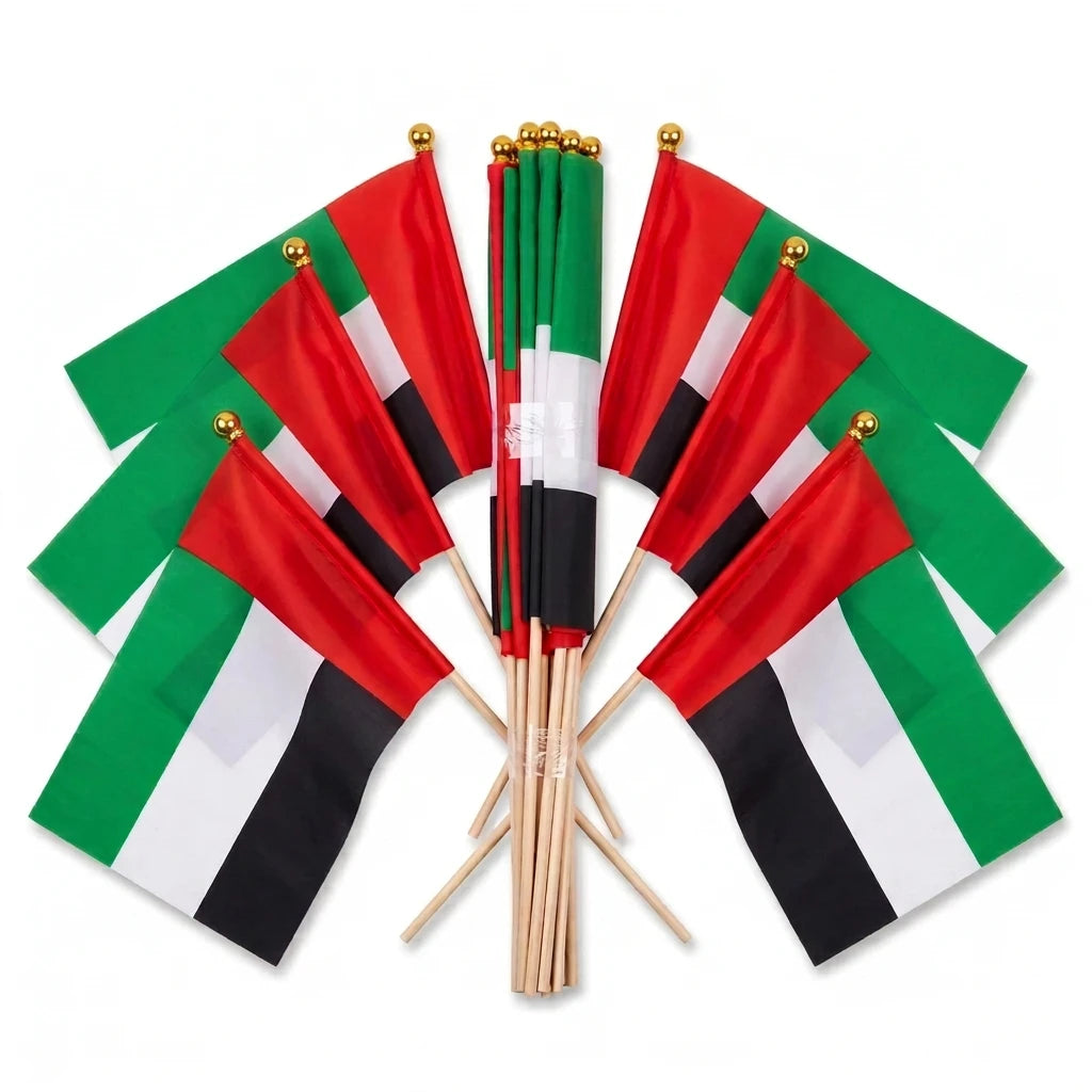 UAE Flag 30 x 45 cm, Pack of 12 – Handheld United Arab Emirates National Flags with Wooden Sticks and Gold-Colored Finials