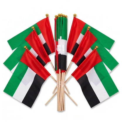 UAE Flag 30 x 45 cm, Pack of 12 – Handheld United Arab Emirates National Flags with Wooden Sticks and Gold-Colored Finials