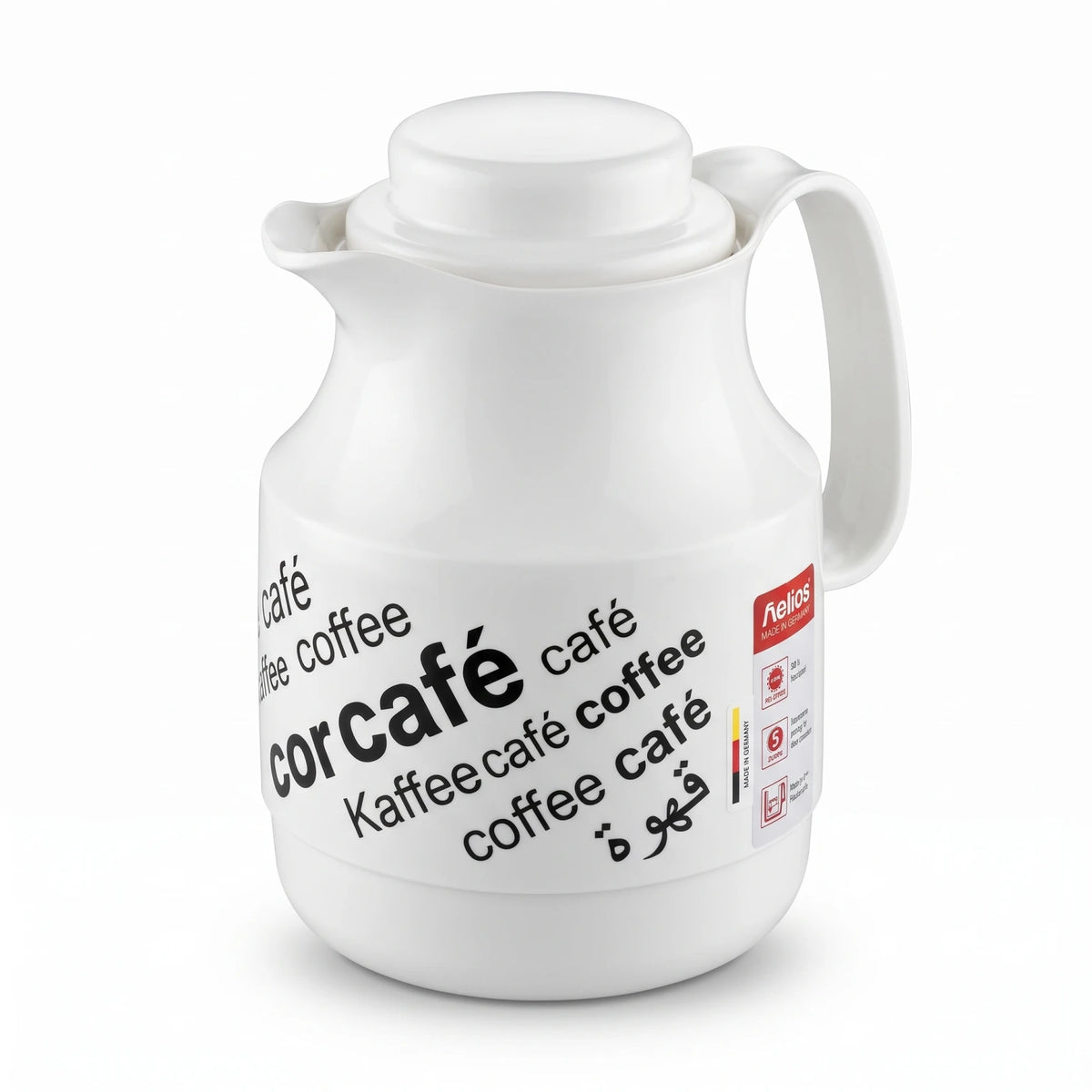 Helios White vaccum Flask 1.3 Liter – German-Made Plastic Body | Leak Proof | Keeps Drinks Hot 12 Hours and Cold 24 Hours | Tea & Coffee Carafe