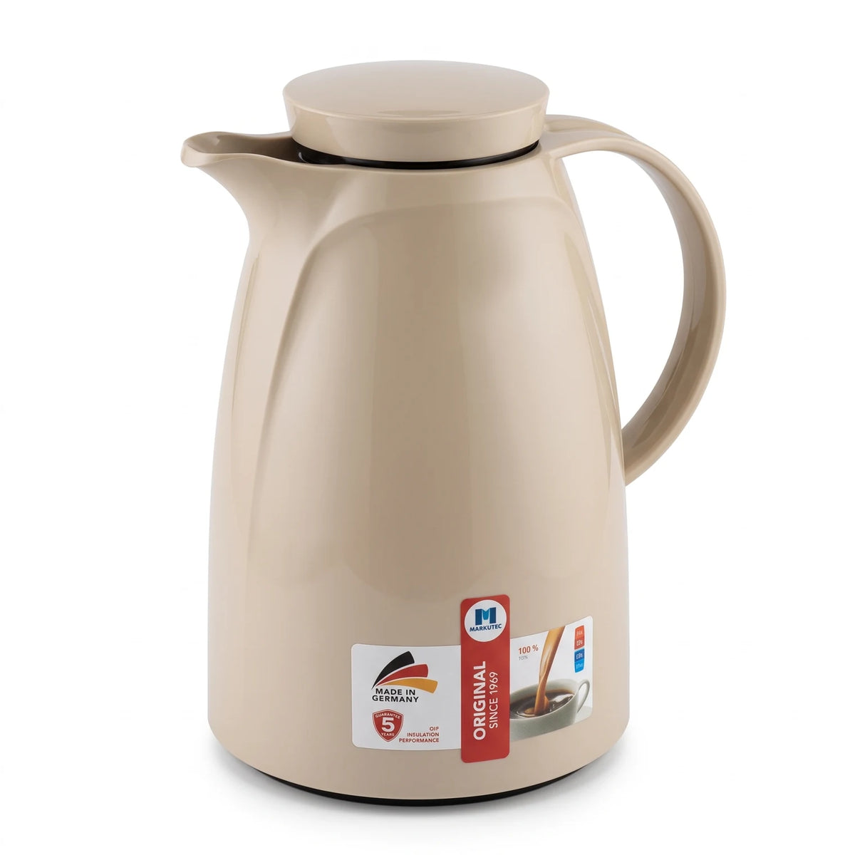 Markutec German-Made Beige Vaccum Flask 1.5 Litre | Leak-Proof Tea and Coffee Carafe | Keeps Drinks Hot or Cold
