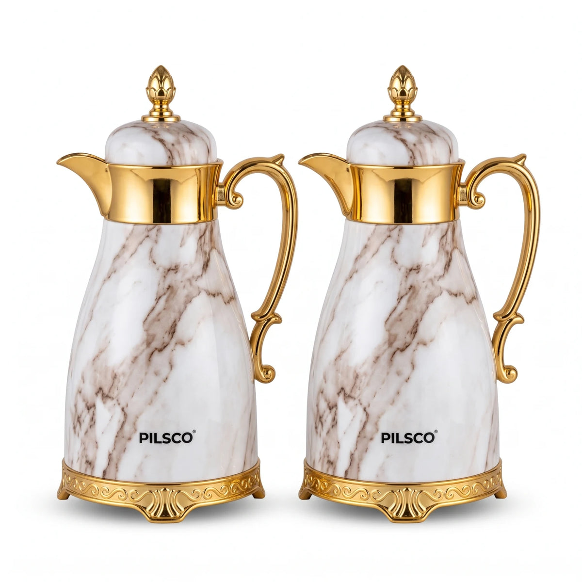 Pilsco 2-Piece Marble White - Gold Decorative Vacuum Flask Set, Arabic Design, Stainless Steel, 1.0 + 1.0 Liters