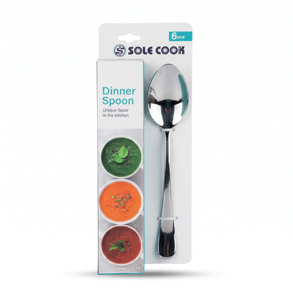SOLE COOK Dinner Spoon Set – 6 Pieces, Silver Reflective Finish for Everyday Table and Kitchen Use