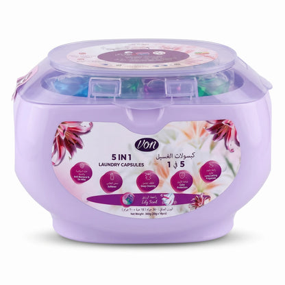 VON 5 IN 1 Laundry Capsules, Lily Scent, 18 Pieces x 20g (360g) | Deep Cleaning, Softener, Color Protection, Anti-Bacterial & De-Mite