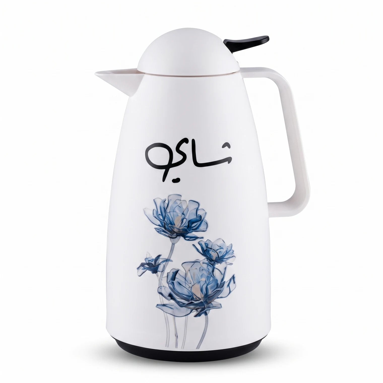 Crystal House Vacuum Flask 1 Liter – Blue Floral Design, Arabic Chai Calligraphy, Leak-Proof Tea & Coffee Flask