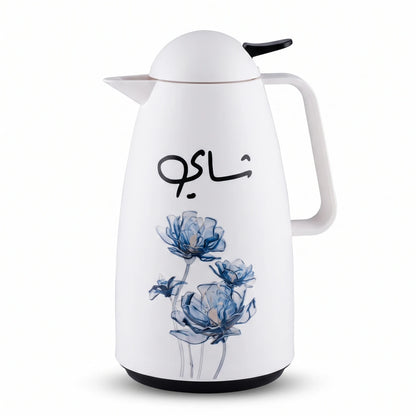 Crystal House Vacuum Flask 1 Liter – Blue Floral Design, Arabic Chai Calligraphy, Leak-Proof Tea & Coffee Flask