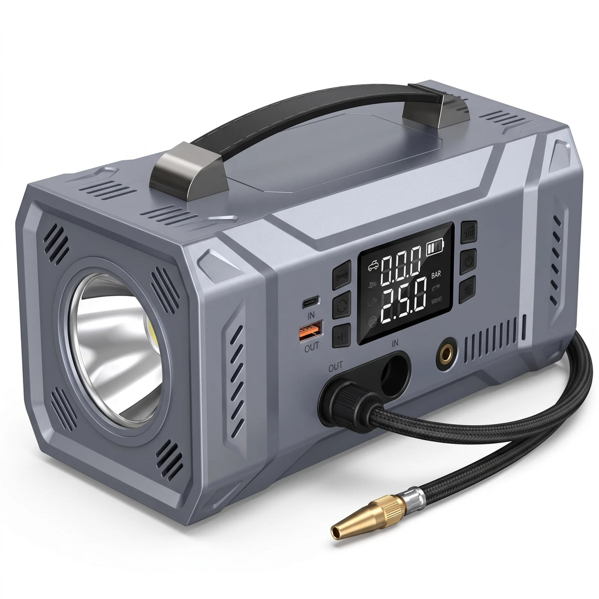 SIX-IN-ONE Car Jump Starter & Air Compressor – Digital Display, PSI/BAR Controls, Hose and Nozzle, 13 x 12 x 25 cm