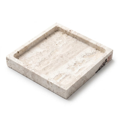 Sqaure Natural Travertine Stone Tray – 12 x 12 x 2 cm | Raised Rim | Rounded Corners | Off-White Cream Finish