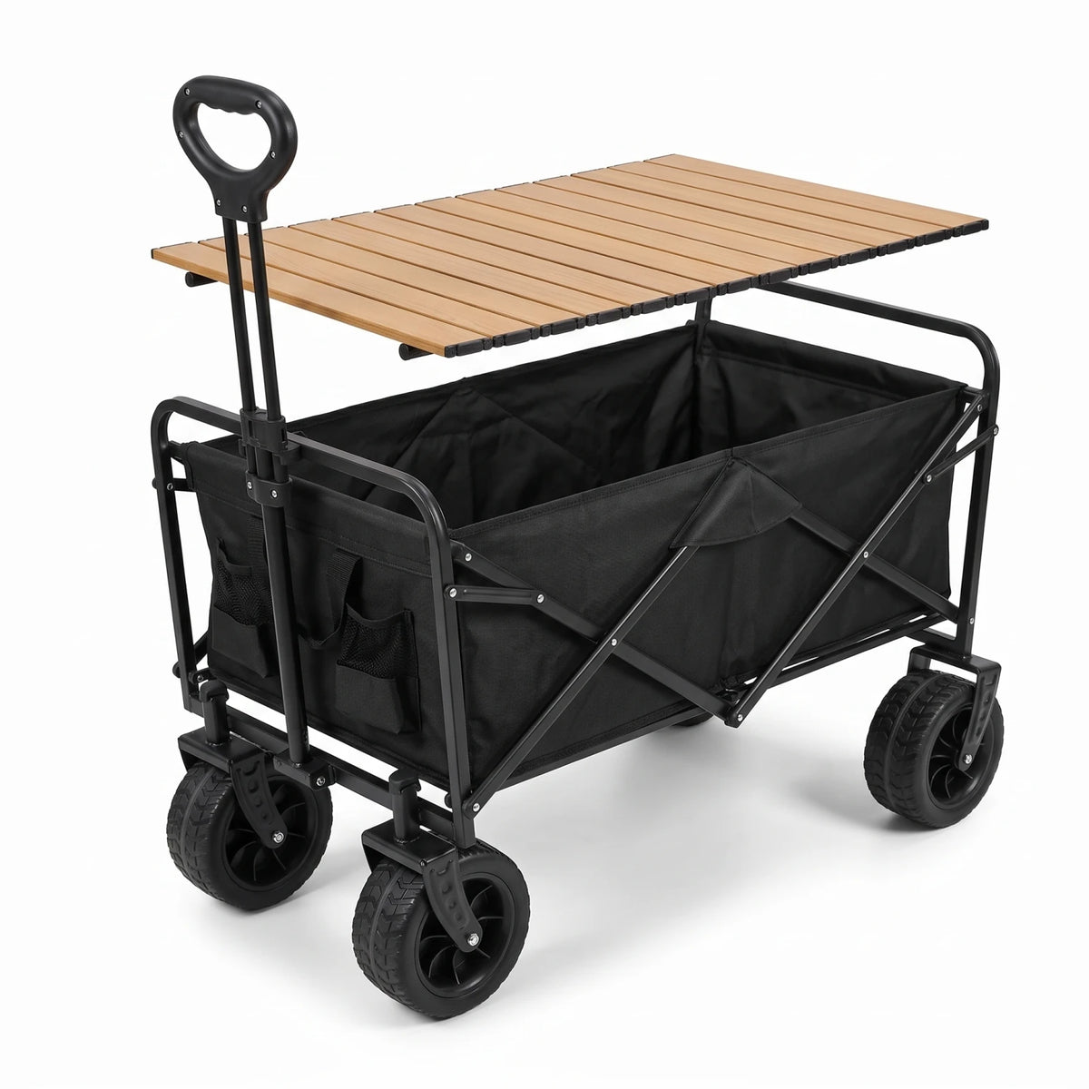 Collapsible Heavy-Duty Outdoor Utility Wagon – 93 x 60 x 95cm | Removable Wooden Tabletop, Four Wheels and Folding Frame for Camping