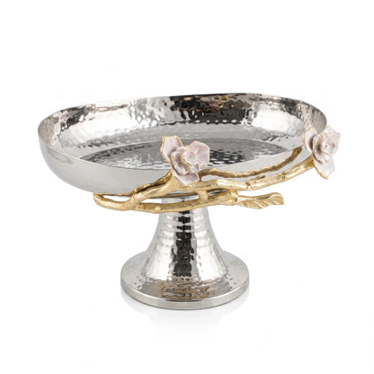 Silver Metal Oval Plate with Base – Gold-Toned Branch and White Floral Accents | Decorative Pedestal Serving Tray Stand