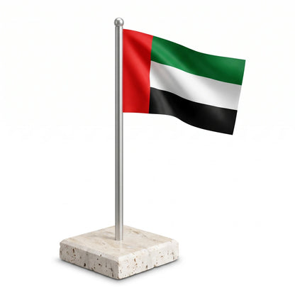 Acrylic Mini UAE Flag with Marble Travertine Square Base – 17cm Desk Decoration for Office, Desk and National Day Celebrations