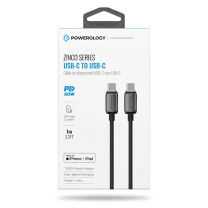POWERology ZINCO Series USB-C to USB-C Cable 1m – 60W PD, 3A High Current, Braided Charging & Sync Cable