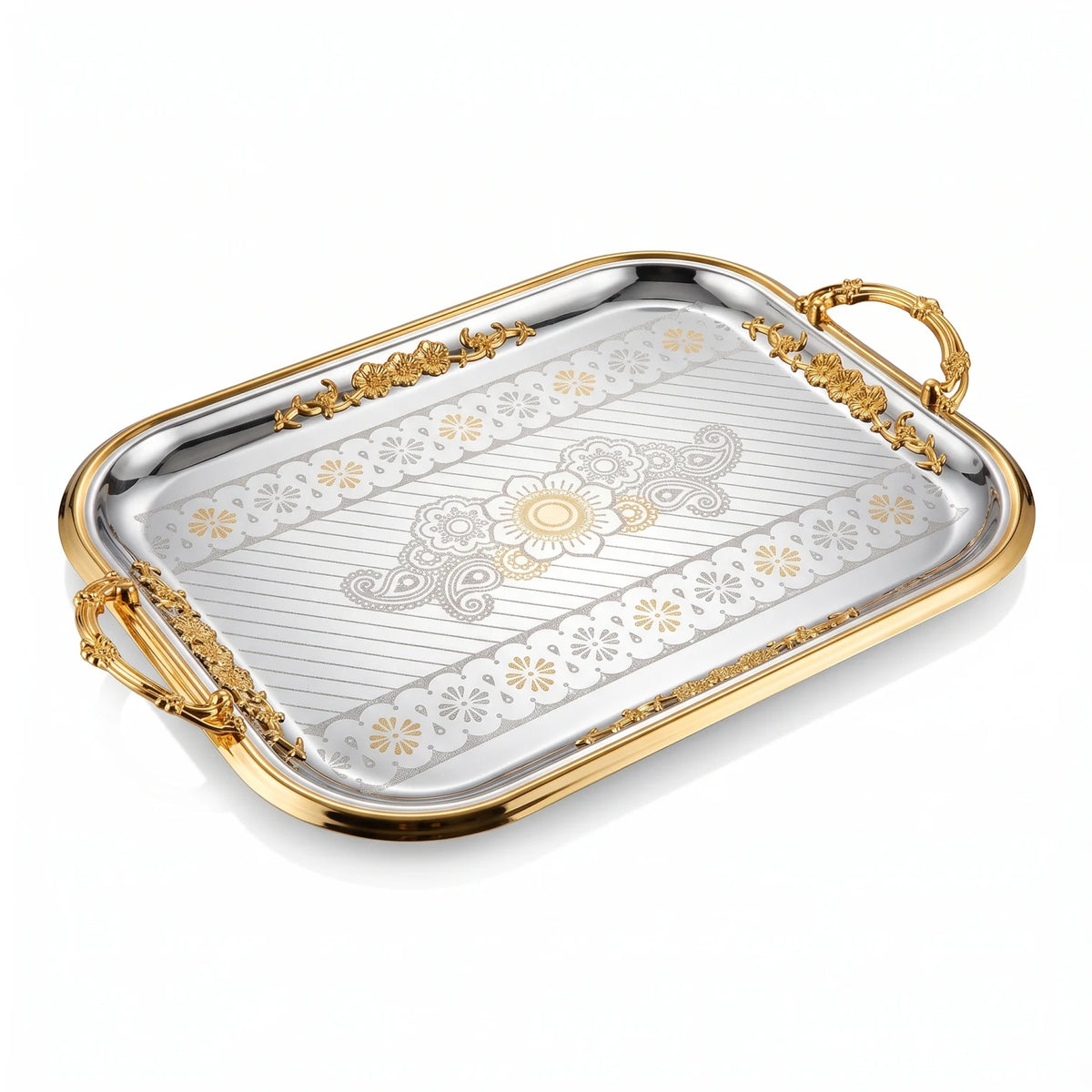 ARGTE Luxury Rectangular Stainless Steel Serving Tray – 54 x 37 x 4 cm | Ornate Gold-Tone Handles | Engraved Decorative Design