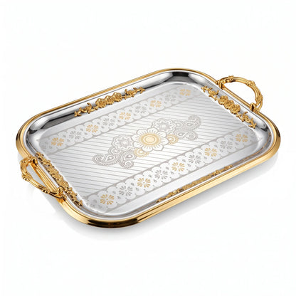ARGTE Luxury Rectangular Stainless Steel Serving Tray – 54 x 37 x 4 cm | Ornate Gold-Tone Handles | Engraved Decorative Design