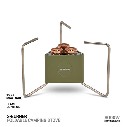 Green Lion 3-Burner Foldable Camping Stove – 8000W Heating Power, 15 kg Max Load, Flame Control, Portable Outdoor Cooking Cooker