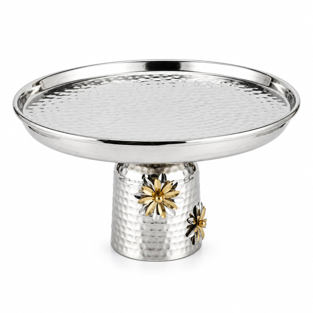 Silver Metal Oval Serving Stand – 23 × 26 × 38 cm | Flower Detailed Base | Raised Rim Dessert Tray