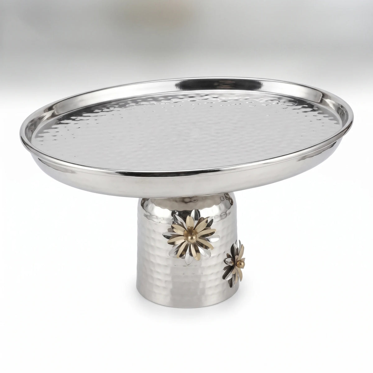 Silver Metal Oval Serving Stand – 23 × 26 × 38 cm | Flower Detailed Base | Raised Rim Dessert Tray