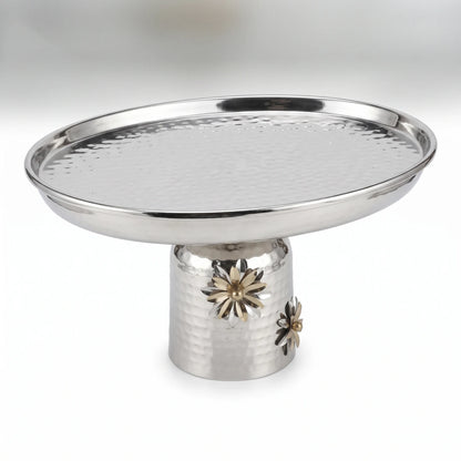 Silver Metal Oval Serving Stand – 23 × 26 × 38 cm | Flower Detailed Base | Raised Rim Dessert Tray