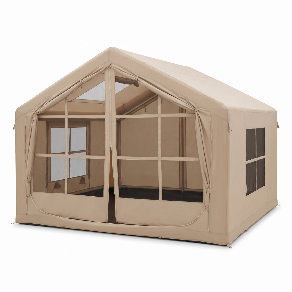 Large Beige Inflatable Camping Tent – 220 x 250 x 300 cm | Mesh Doors and Windows | Outdoor Shelter for Camping and Leisure