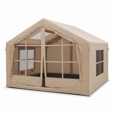 Large Beige Inflatable Camping Tent – 220 x 250 x 300 cm | Mesh Doors and Windows | Outdoor Shelter for Camping and Leisure