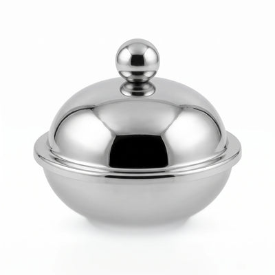 Dallah Addar Silver Platinum Steel Candy Pot with Lid – Small or Medium | Polished Round Covered Sugar Bowl for Candies and Nuts Serving - Small - Image 1