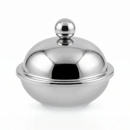 Dallah Addar Silver Platinum Steel Candy Pot with Lid – Small or Medium | Polished Round Covered Sugar Bowl for Candies and Nuts Serving - Small - Image 1