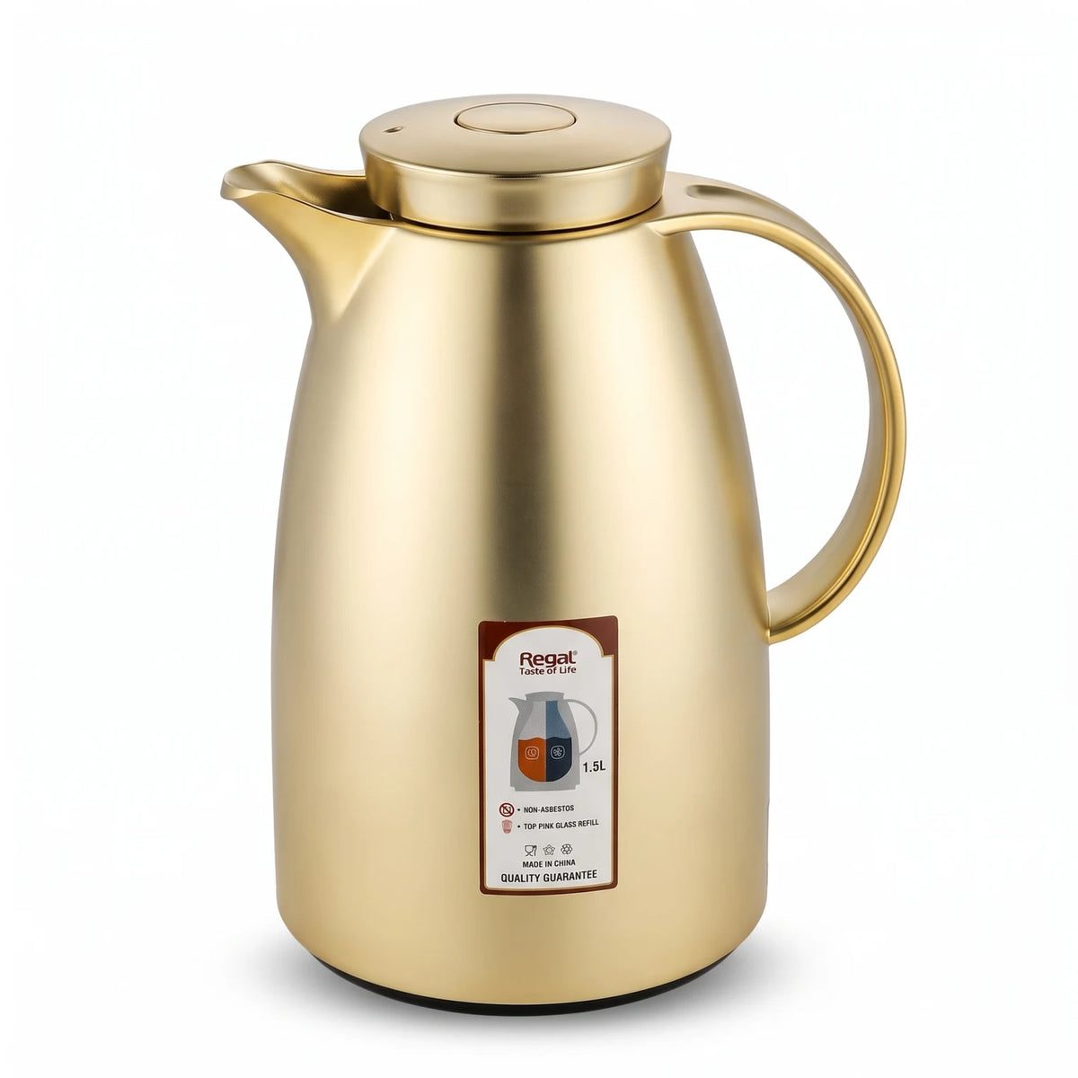 Regal Stainless Steel Vacuum Flask 1.5 Liters – Leak Proof | 12 Hours Hot, 24 Hours Cold | Pink Glass Refill for Tea and Coffee - Matte Gold - Image 1