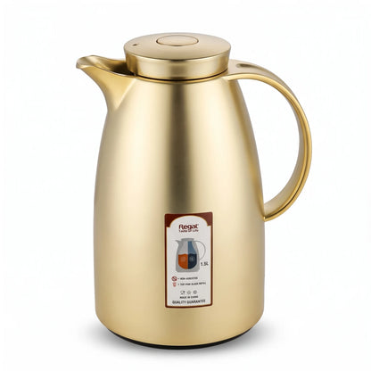 Regal Stainless Steel Vacuum Flask 1.5 Liters – Leak Proof | 12 Hours Hot, 24 Hours Cold | Pink Glass Refill for Tea and Coffee - Matte Gold - Image 1
