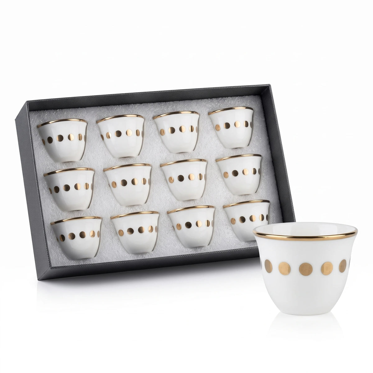 Pilsco Arabic Coffee Cups Set of 12 – White Handleless Cups with Gold Rims and Dot Decorations in Box