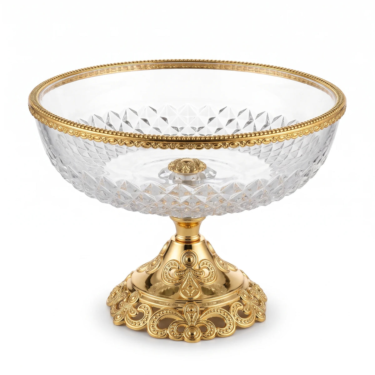 Glass Serving Bowl 28 cm × 22 cm – Elevated Pedestal Design | Faceted Clear Glass with Decorative Metal Base and Rim - Gold - Image 1
