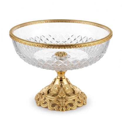 Glass Serving Bowl 28 cm × 22 cm – Elevated Pedestal Design | Faceted Clear Glass with Decorative Metal Base and Rim - Gold - Image 1