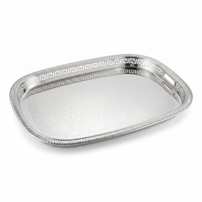 M.E.W Luxury Metal Serving Tray with Mirrored Center – Small, Medium or Large | Silver or Gold | Engraved Greek Key Border - Silver / Medium - Image 1