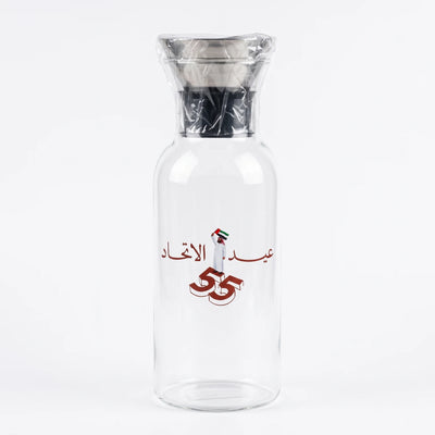 UAE National Day Glass Jug with Airtight Lid – Clear Cylindrical Bottle with Black Stopper, Arabic Decoration and UAE Flag Graphic for Festive Display