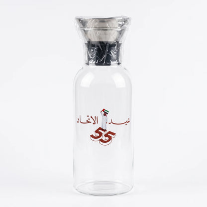 UAE National Day Glass Jug with Airtight Lid – Clear Cylindrical Bottle with Black Stopper, Arabic Decoration and UAE Flag Graphic for Festive Display